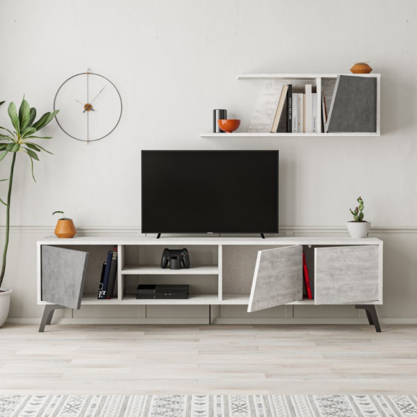 Porta tv Fiona bianco vintage con anta retro grey e mensola - immagine 3